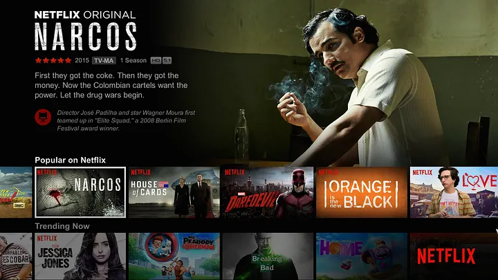 Netflix home screen showing artwork grids for multiple titles