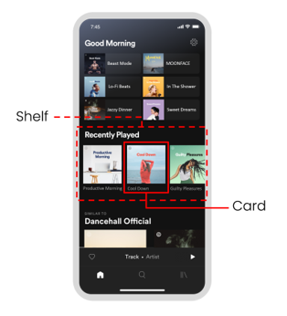 Spotify Home page showing a Recently Played shelf highlighted in red, with an arrow pointing to a Similar To shelf below it — demonstrating collaborative filtering in action